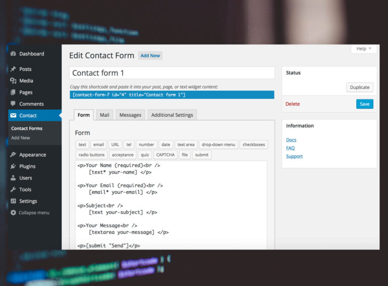 Formularz kontaktowy WordPress na stronie firmowej z polami do wypełnienia