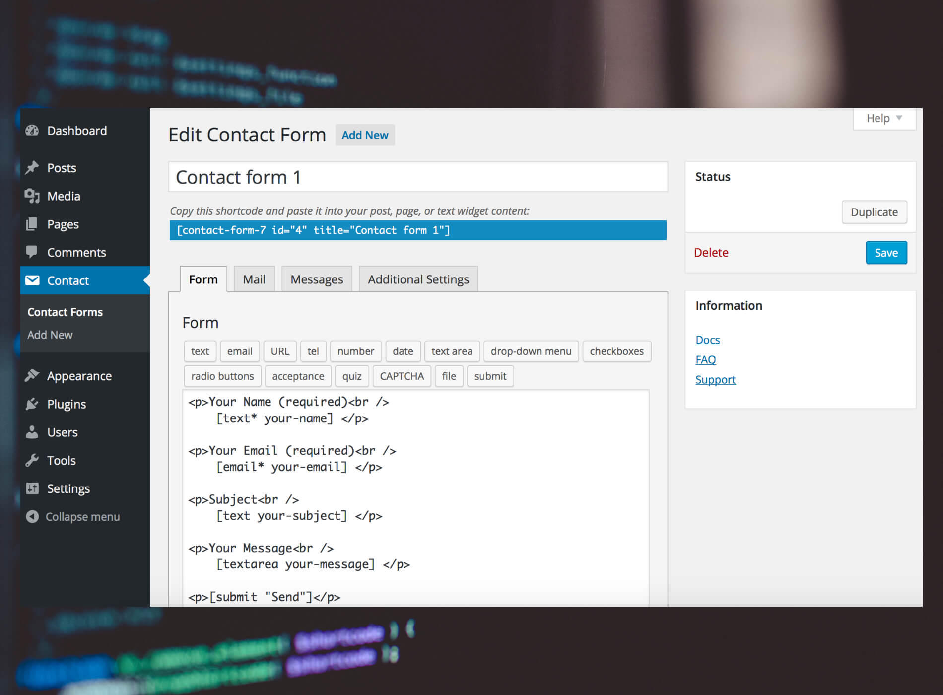 Formularz kontaktowy WordPress na stronie firmowej z polami do wypełnienia